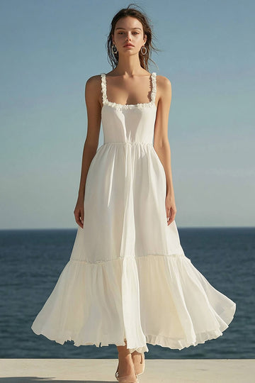 Ivory Square Neck A Line Boho Maxi Dress with Ruffles